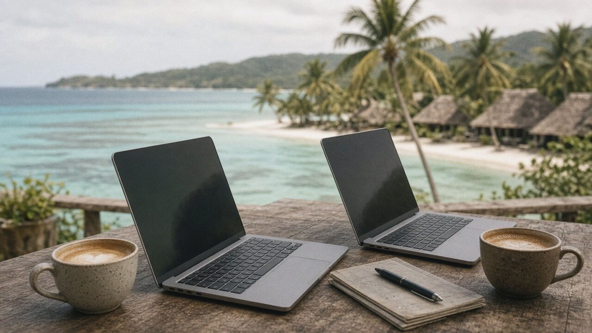 Two laptops and two coffees on a table overlooking a tropical lagoon.