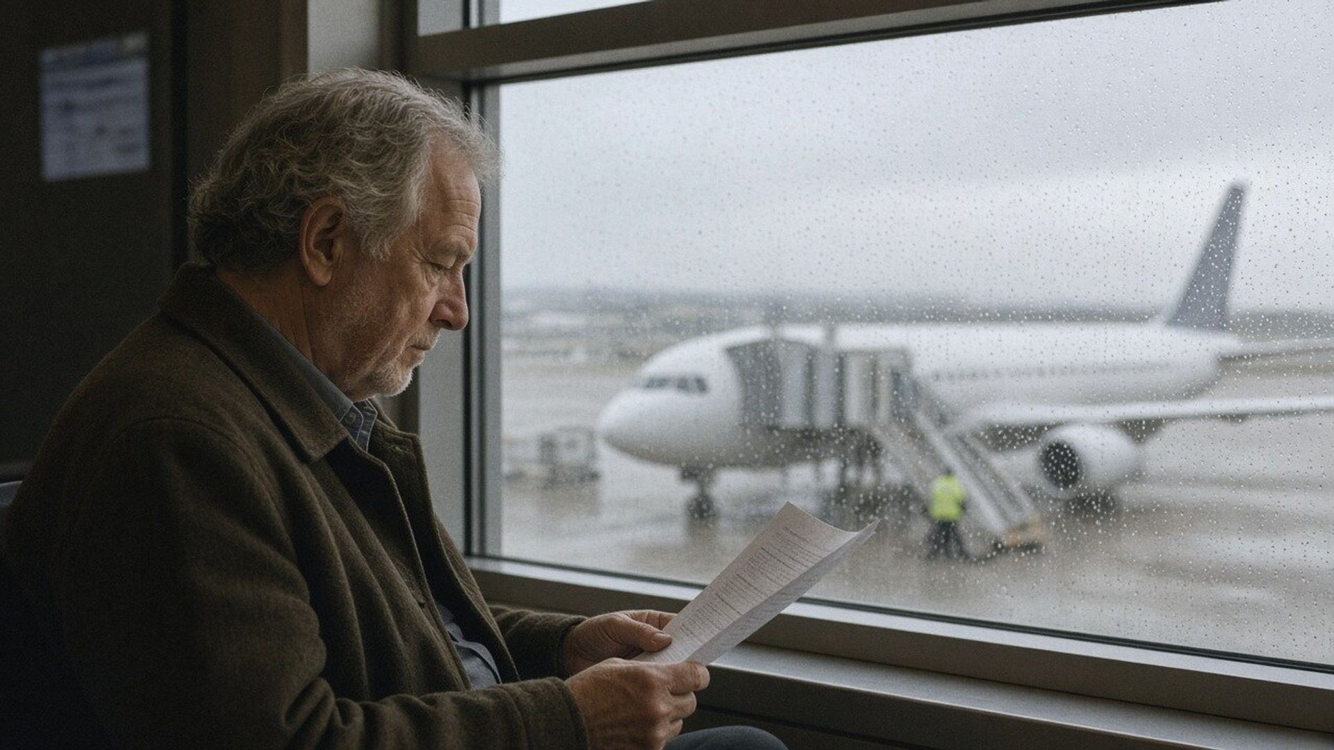 A man reads a printed itinerary at an airport window as a plane is loaded.