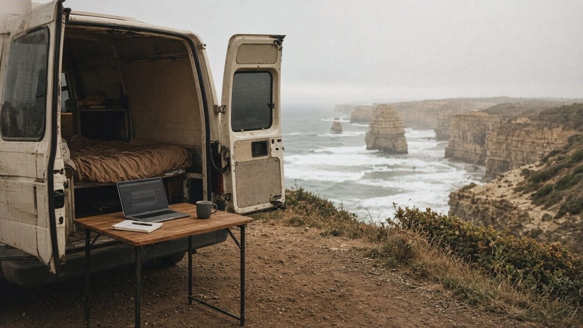 A campervan on a coastal clifftop with a laptop on a fold-out table.