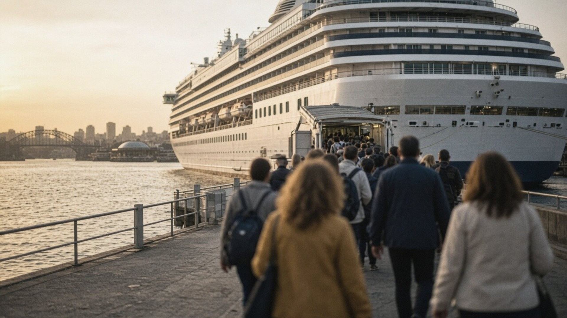 Passengers walk towards a cruise ship docked at the harbour at sunset.
