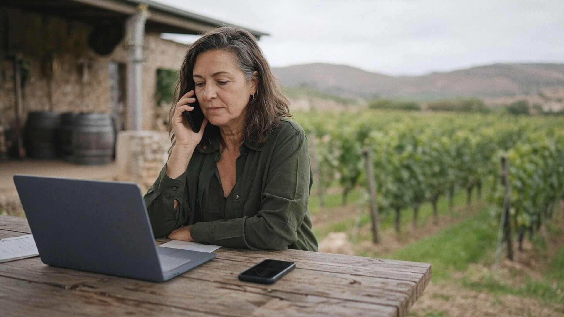 A woman takes a phone call at a vineyard table with her laptop.