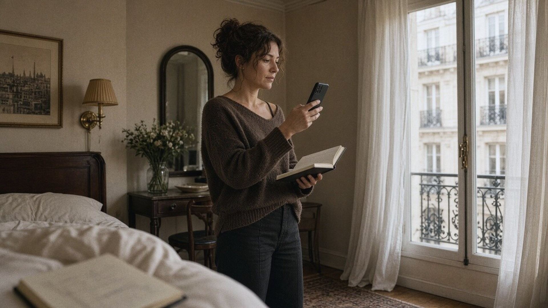 A woman photographs a hotel room on her phone, a notebook in her hand.
