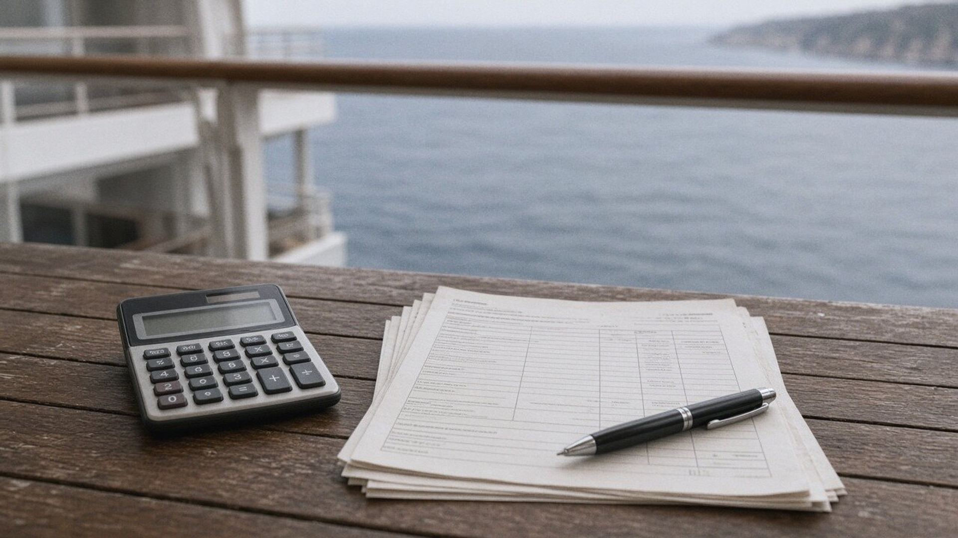 A calculator, printed fee sheets and a pen on a balcony table above the sea.