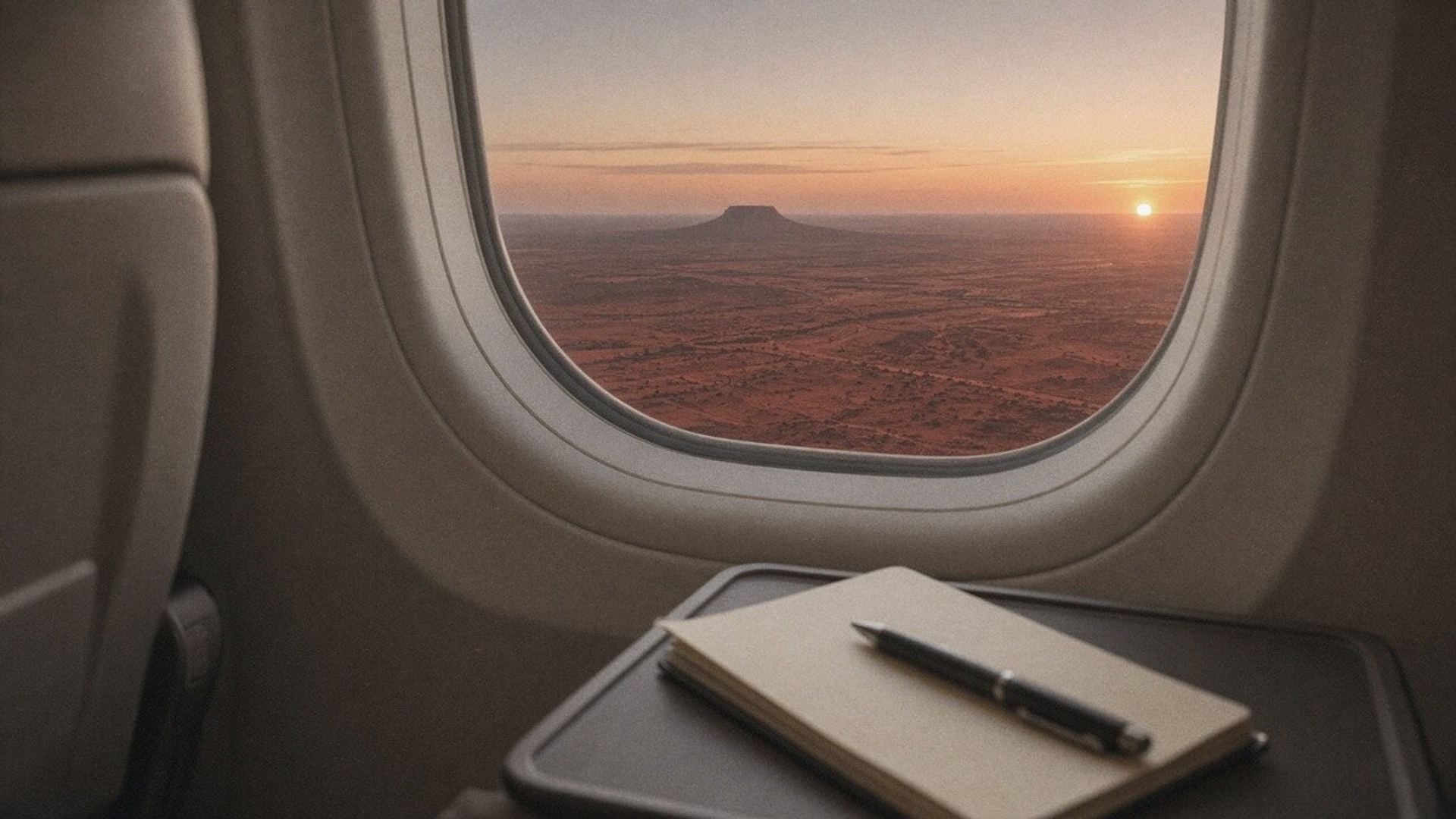 The view from a plane window over the red centre at sunrise, a notebook on the tray table.