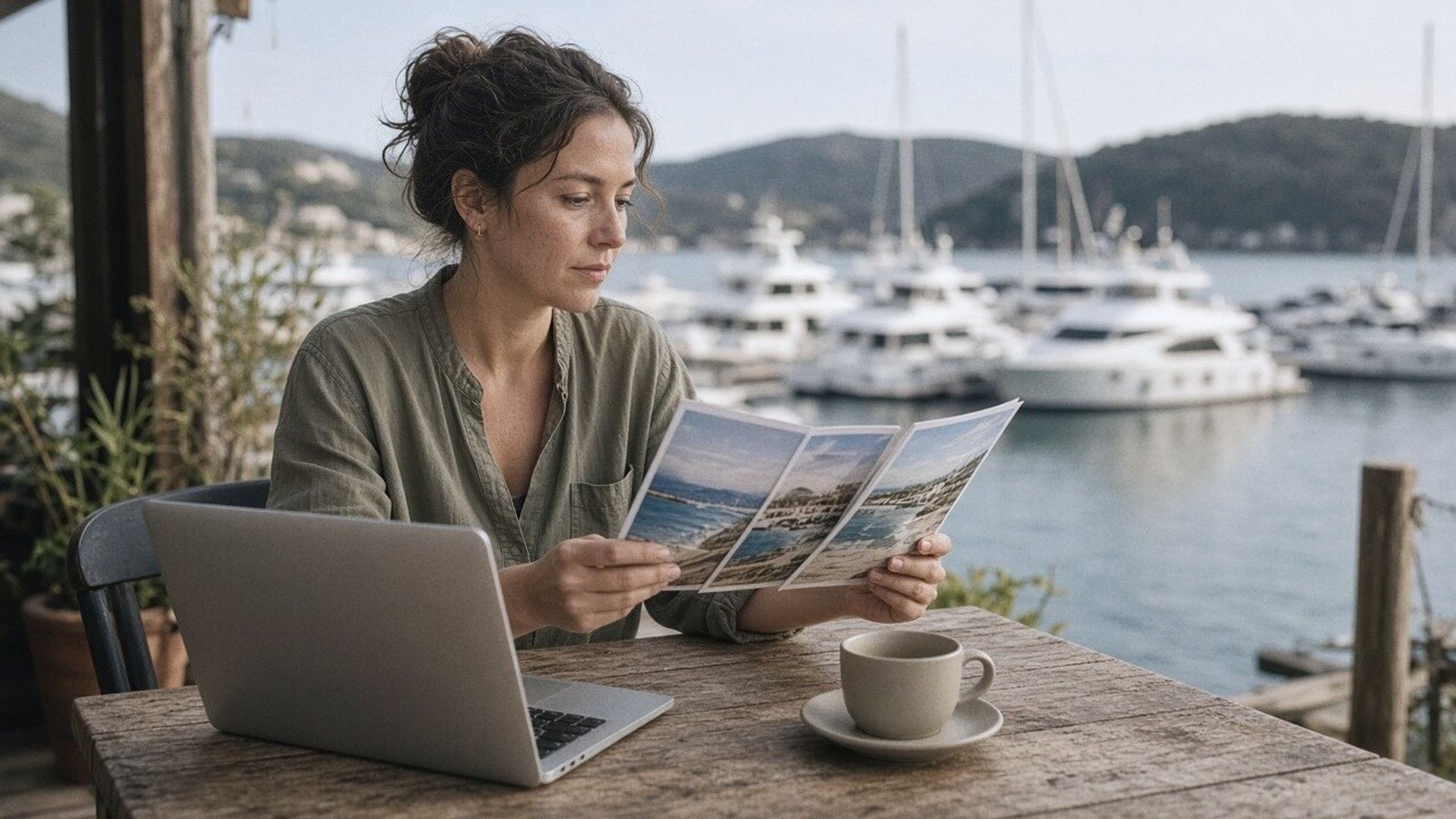A woman compares brochures at a marina café table, with a laptop and coffee.