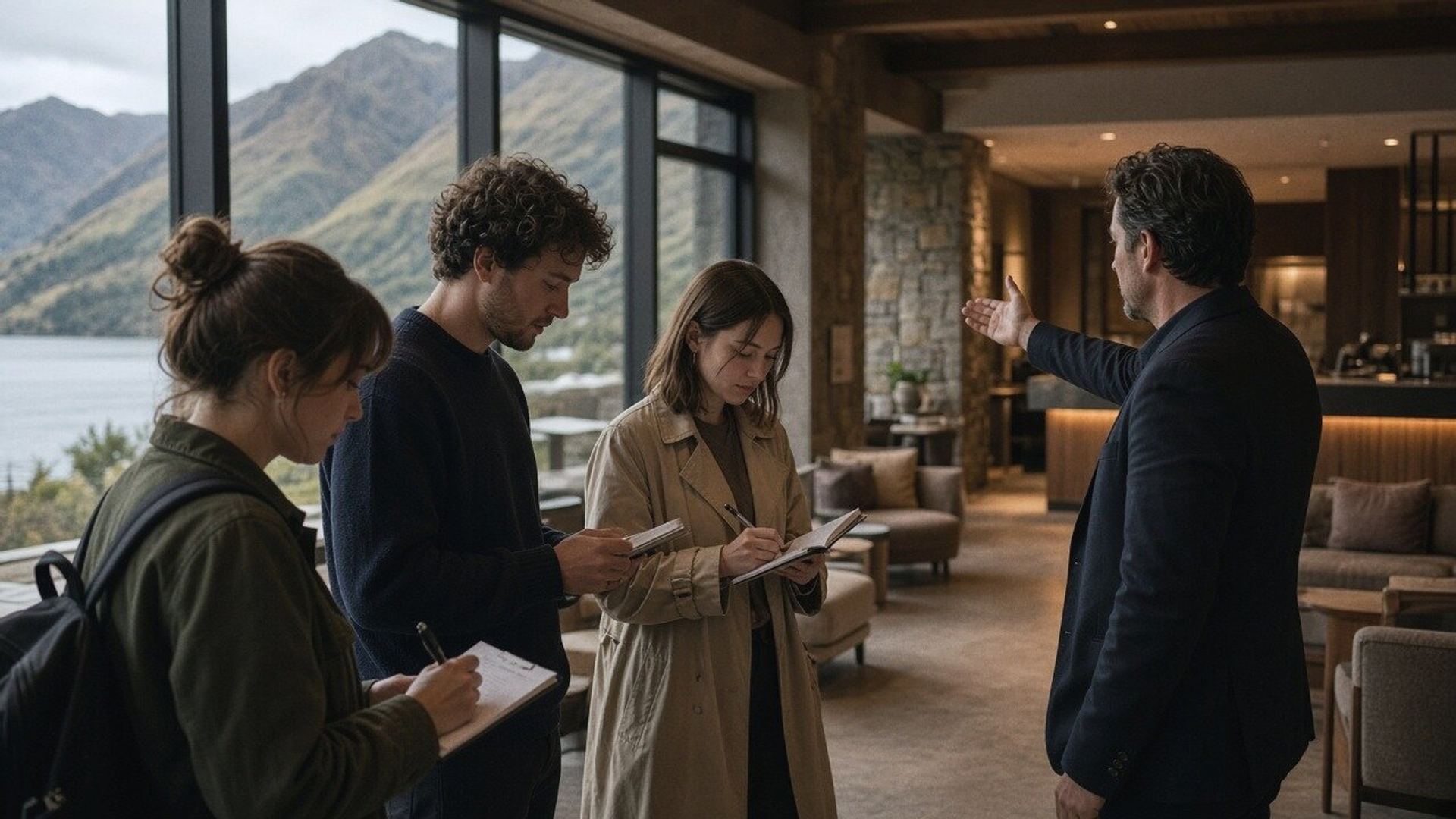 A group of trainees take notes as a staff member shows them a hotel lobby.