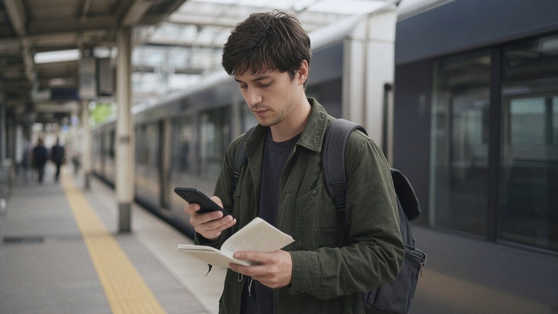 A young man with a backpack checks his phone on a train platform.