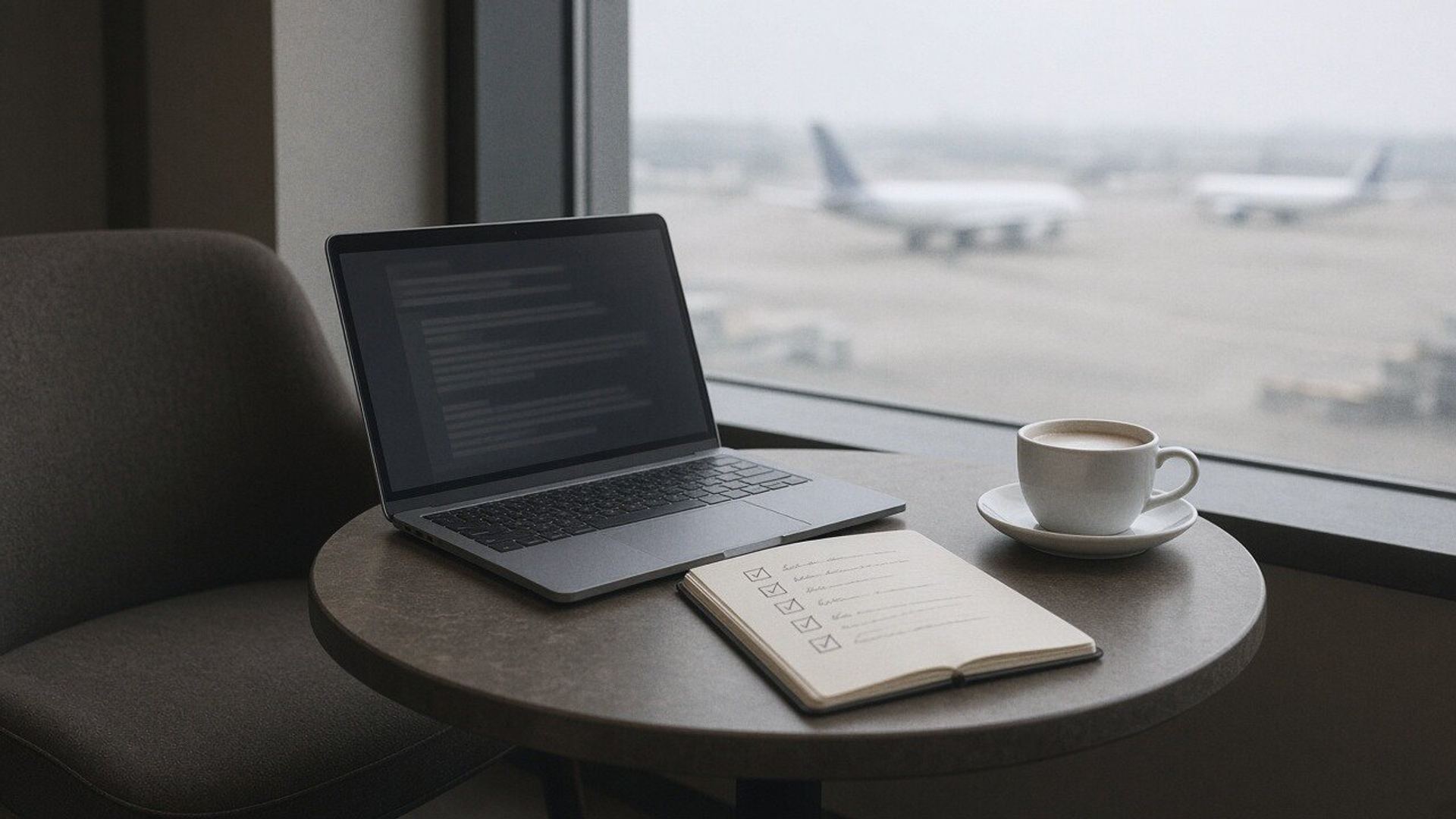 A laptop, notebook and coffee on a table by an airport lounge window, planes outside.