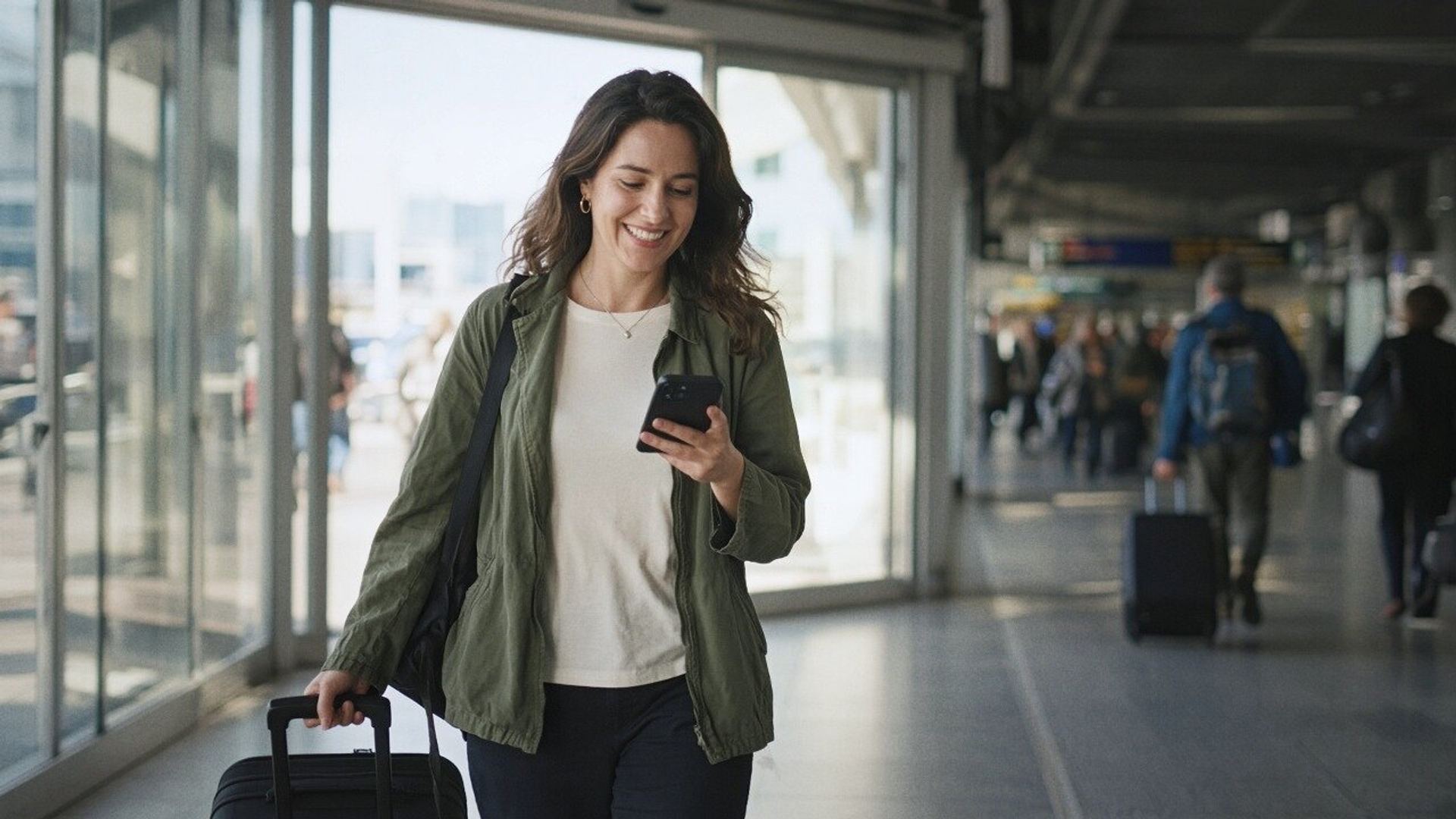 A smiling woman walks through an airport arrivals hall with her carry-on.