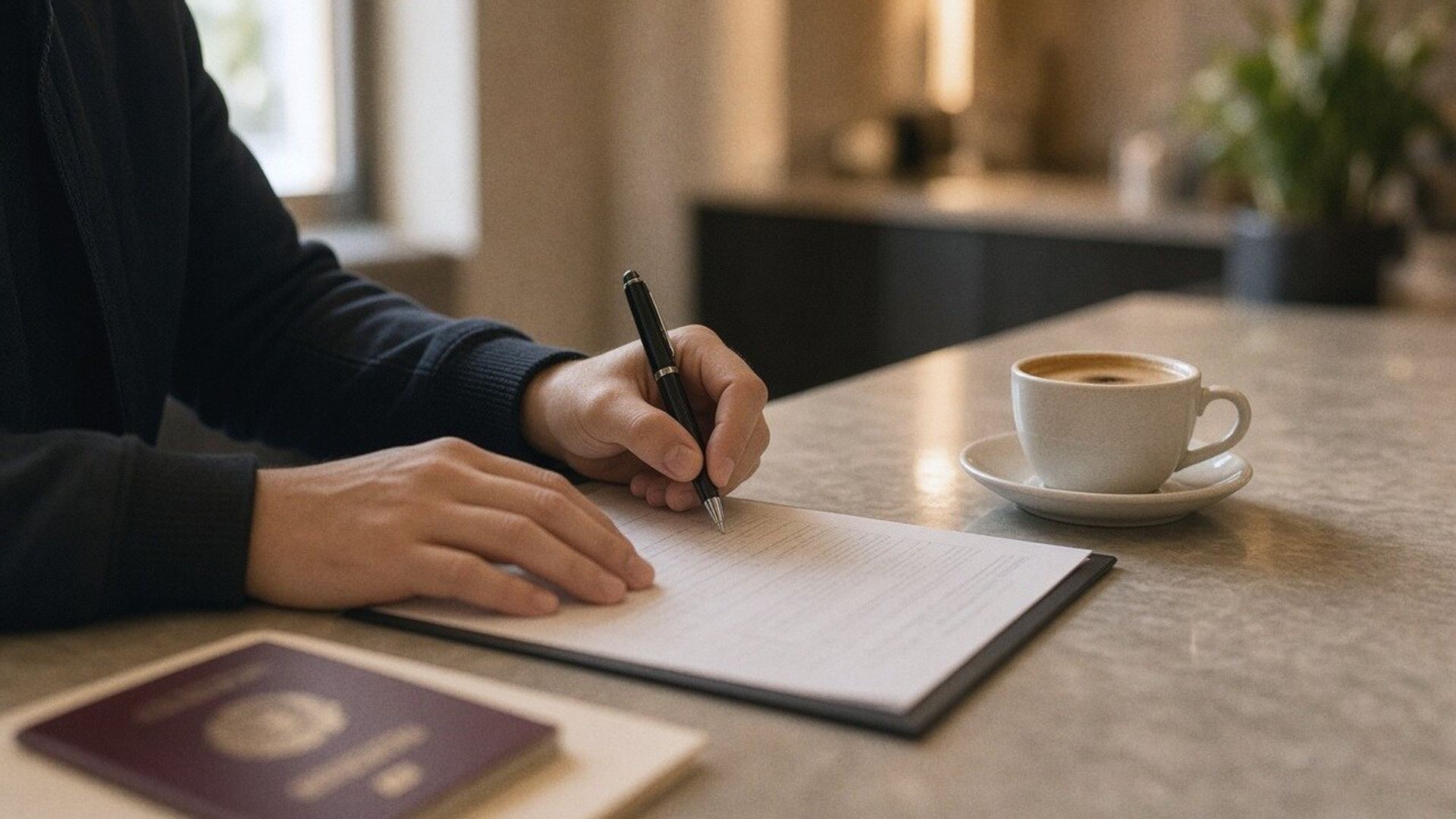 A hand signs a document on a hotel desk beside a passport and a coffee.