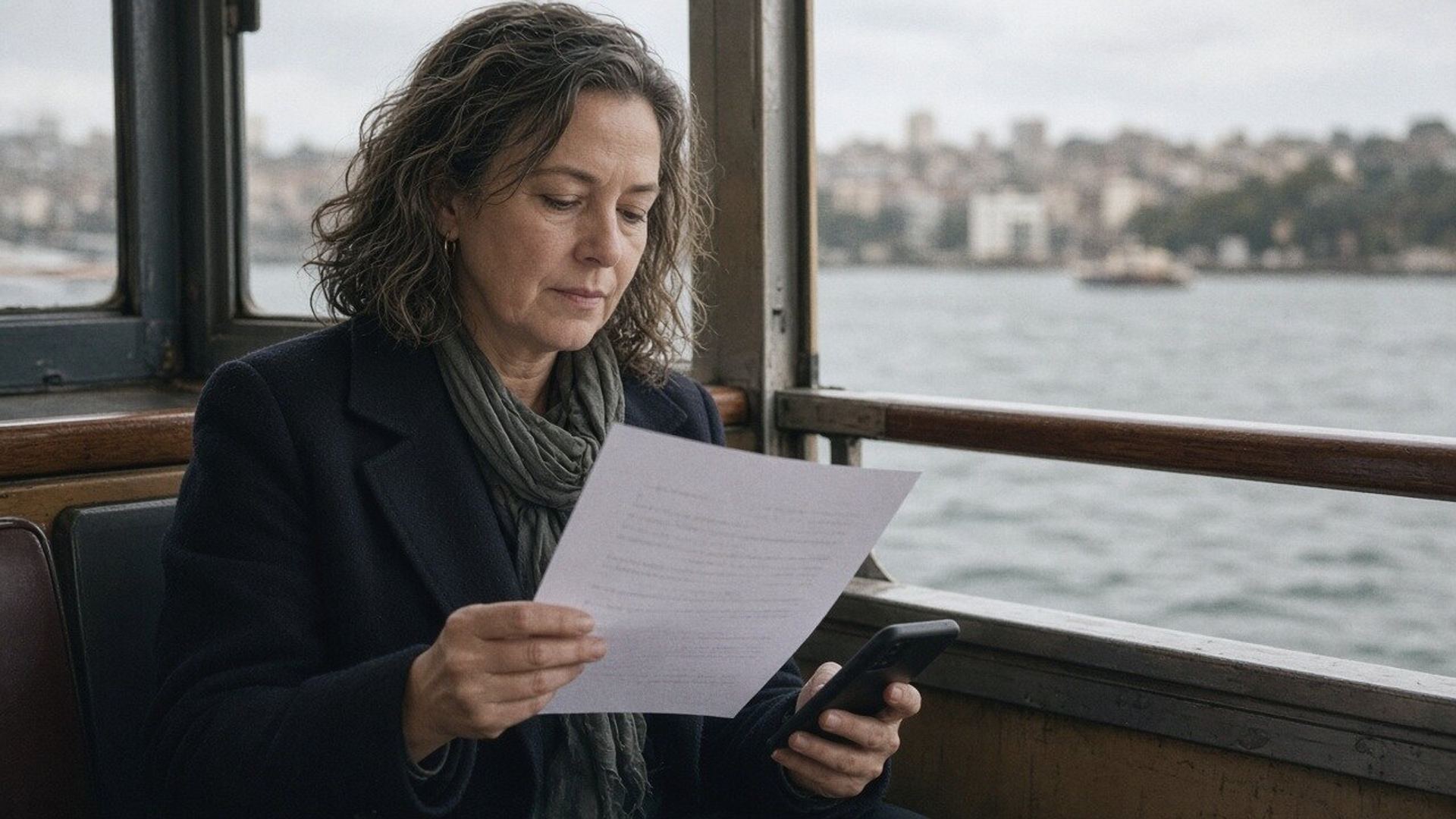 A woman reads a printed statement on a harbour ferry, phone in hand.