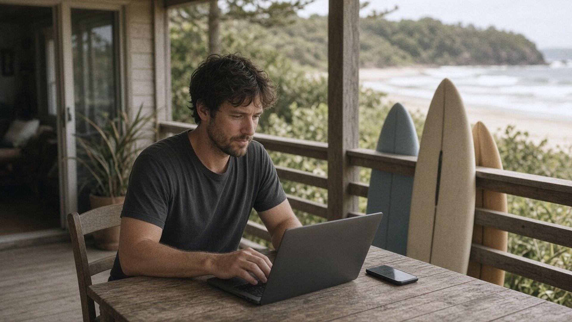 A man works on a laptop on a beach house verandah, surfboards against the rail.