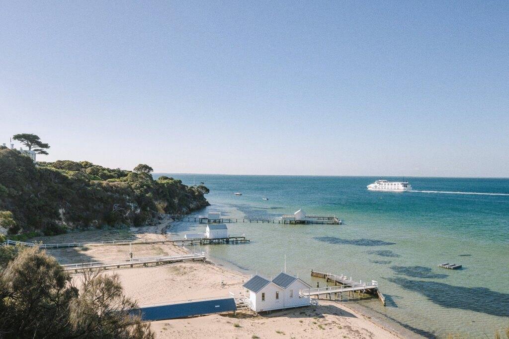 The beach, jetty and bay at Sorrento, Victoria, from above