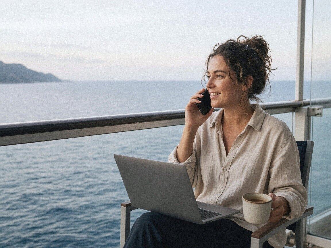 A woman on a cruise ship balcony talks on the phone with a laptop on her knees and a coffee in her hand