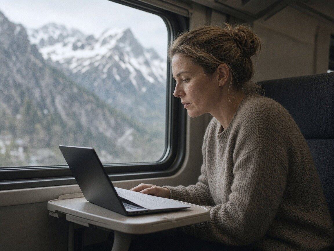 A woman checks a booking on her laptop on a train through the mountains.
