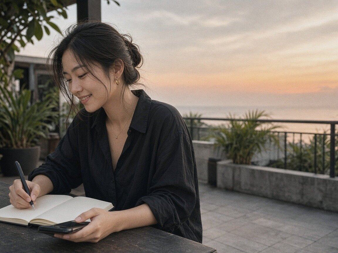 A woman writes notes on a hotel terrace at sunset, her phone beside her.