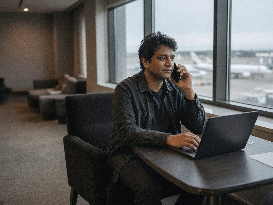 A man on the phone at his laptop in an airport lounge, planes outside the window.